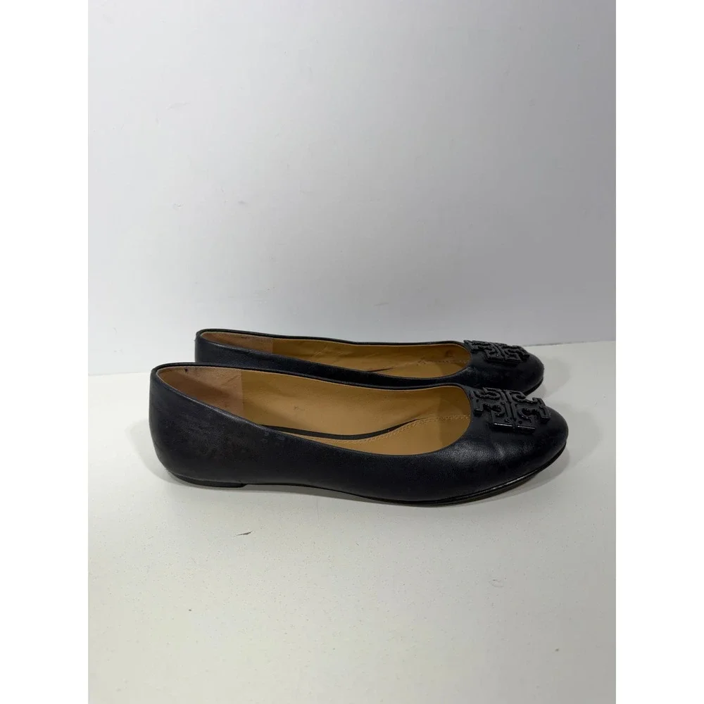 Tory Burch Navy Blue Leather Ballet Flats Logo Round Toe Shoes 7M 8778 A18